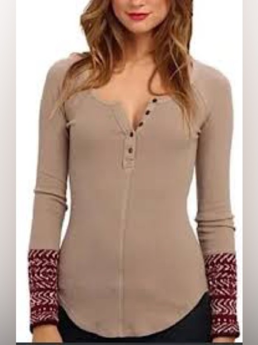 Free People Ribbed Scoop-Neck Henley in Taupe with Alpine Embroidered Cuffs